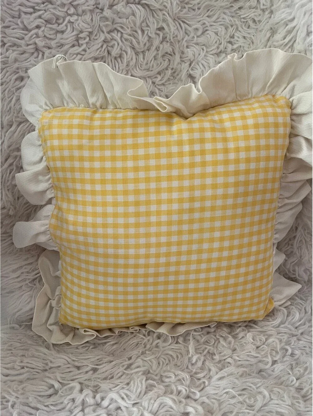 Vintage Ruffled Yellow Gingham 13x13 Throw Pillow